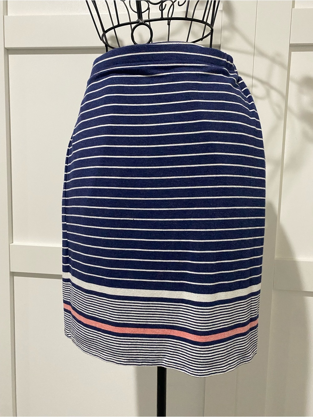 Max Studio Navy and White Striped Pencil Skirt with Pink Hem Stripe